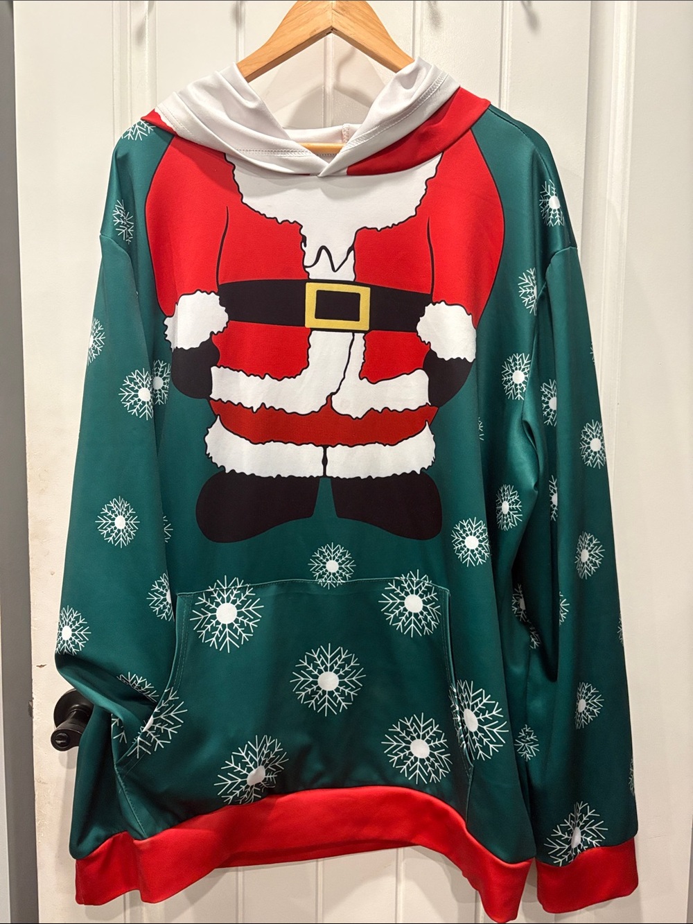 Unisex Holiday Santa Pullover Hoodie - Green/Red with kangaroo front pocket 3XL